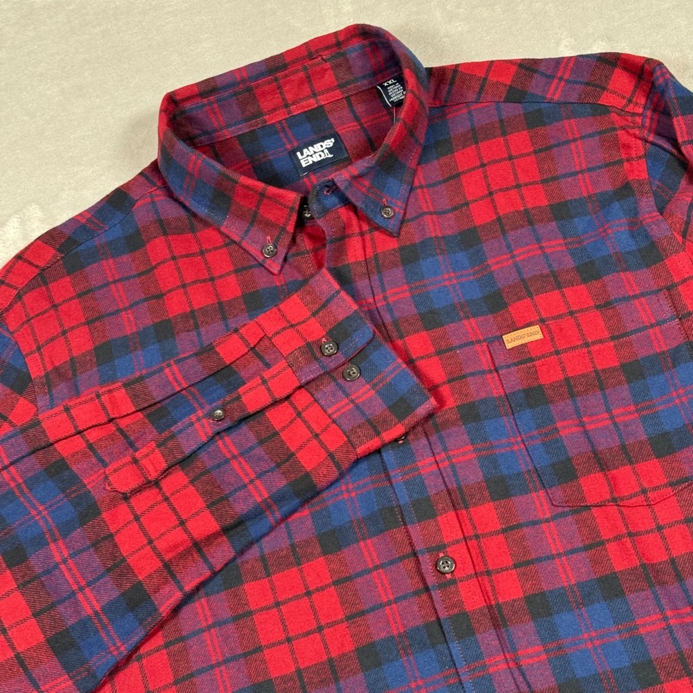 Lands' End Flannel Shirt Mens XXL Red Plaid Long Sleeve Button Down Cotton